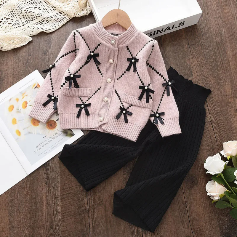 

Melario Girls Clothes Sets Cardigan Winter Bow Baby Sweatshirt Pants 2pcs Set Children Knitting Tops Kids Outfits Xmas 2-6Year