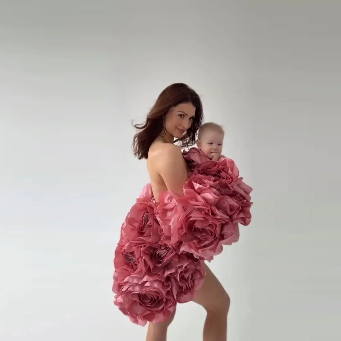 Pink Blouse Maternity Women Pink Rose Floral 3D Flower Jacket Off Shoulder Tierred Pregnancy Photoshoot
