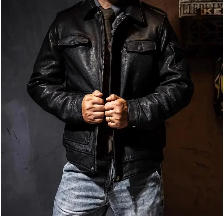 Description Picture 5 of itemYR!Free shipping.Luxury Men's business casual Real leather jacket.Heavy 1.5mm Full Grain tanned cowhide coat.Warm Hunting wear