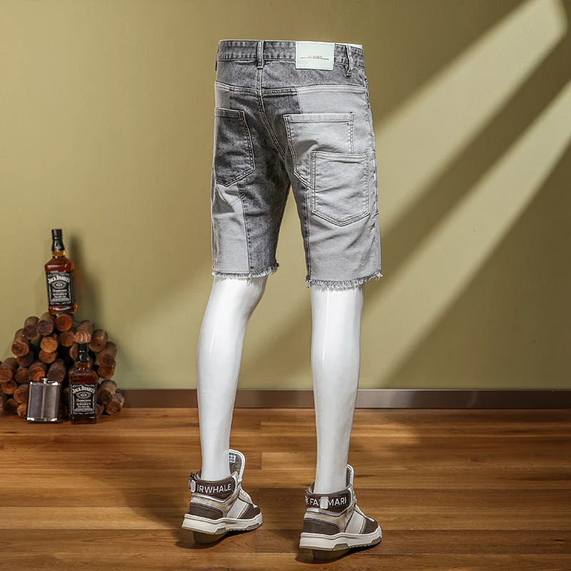 2024 new MEN'S denim shorts with distressed patchwork and trendy elastic slim fit patches fashionable slim fit biker capris