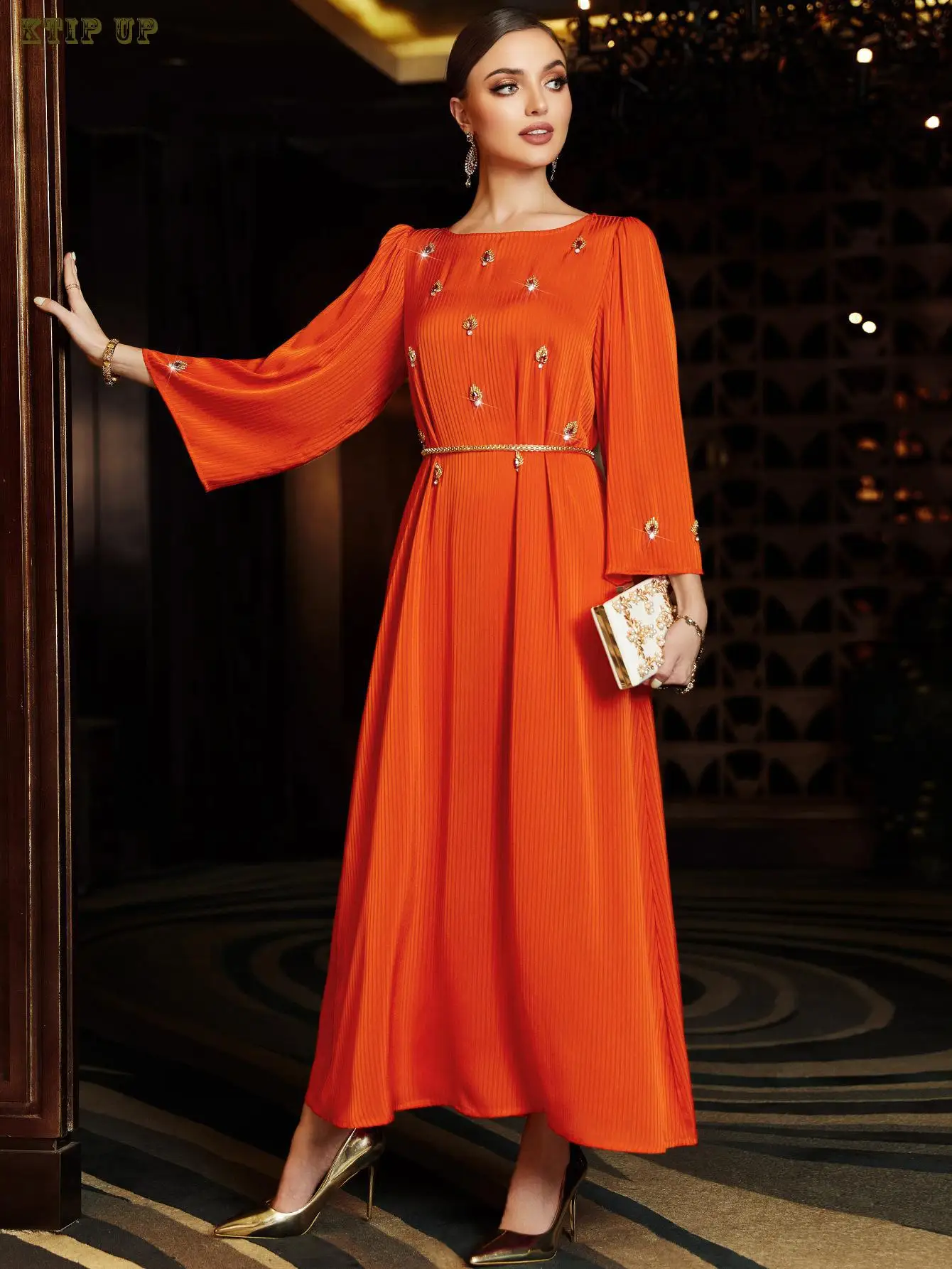 

Ramadan New Saudi Arabian Orange Hand Stitched Diamond Knitted Dress Middle Eastern Dubai Islamic Party Dress Abaya Turkish Robe