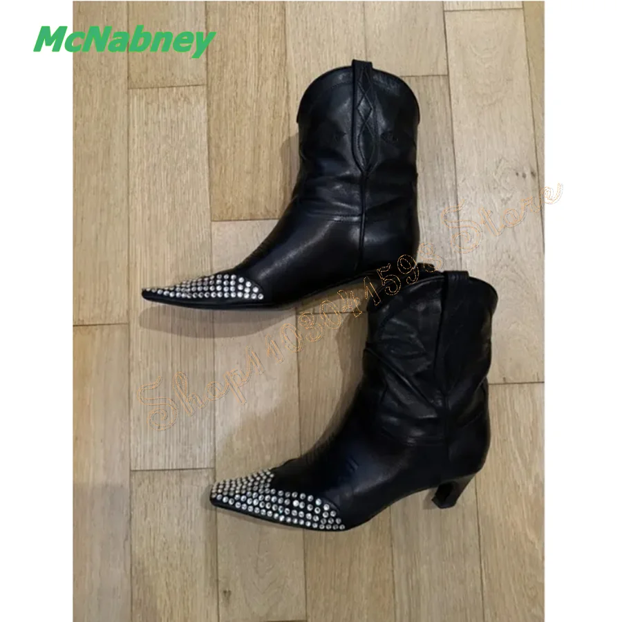 

Flat Toe Crystal Women Boots Black Leather Mid Calf Boots Low Heel Party HIgh Heel Boots Plus Size 2024 New Zapatos Para Mujere