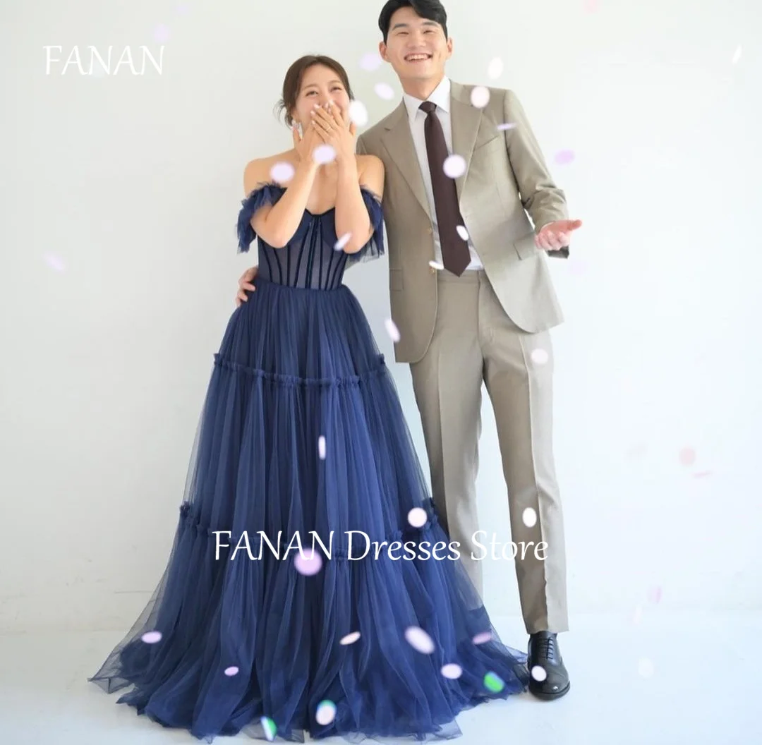 

FANAN Tulle Blue Evening Party Dresses Korea Corset A-Line Sweetheart Pleated Wedding Women Formal Gowns Event Prom Gowns