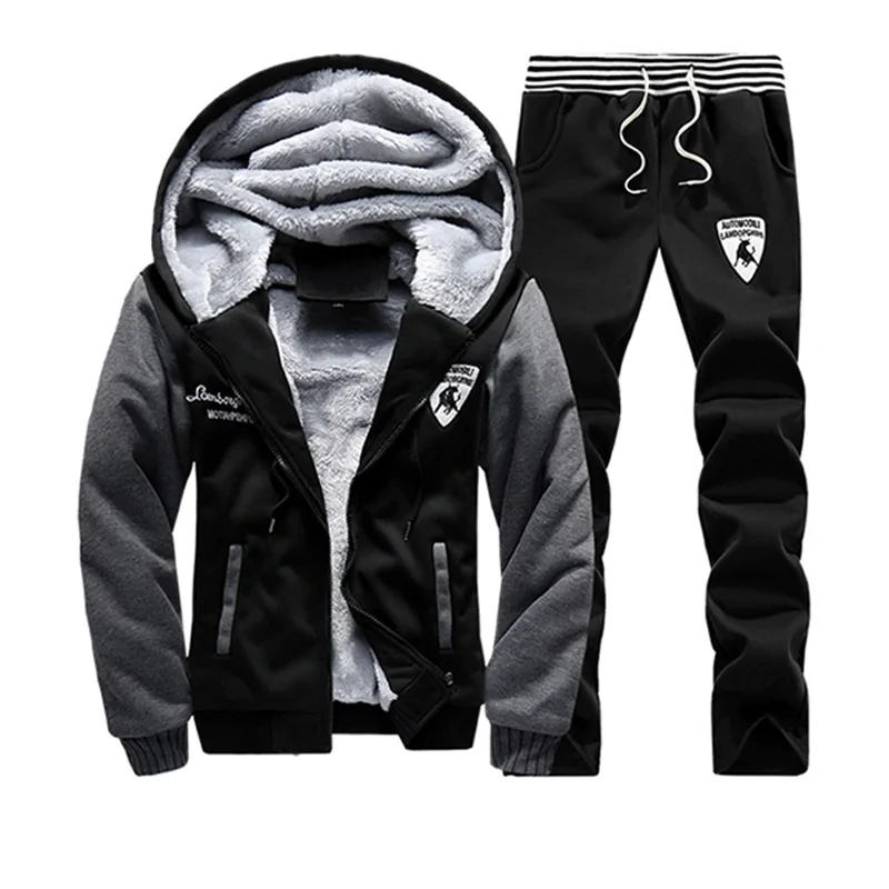 Tracksuit for Men Winter Fleece Men's Sets 2PCS Thick Jacket Coat + Pants Suits Male Mens Sportswear Set Warm Hooded Outerwear 2023 men s summer hawaiian shorts sets 2pcs fashion short sleeve printed button shirt and beach shorts casual male 2 pieces sets