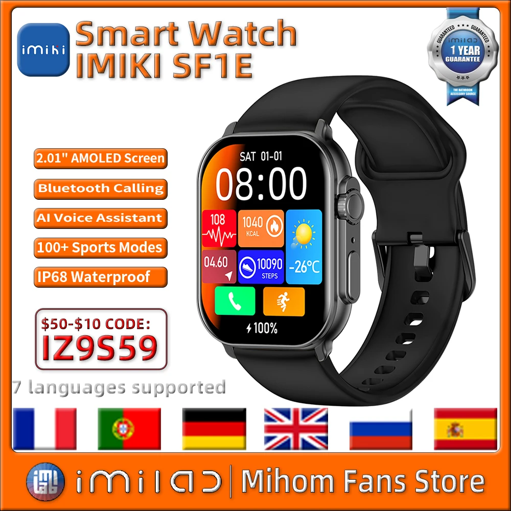 

IMIKI SF1E Smart Watch Man Woman 2.01" BT Calling 1000nits 100+ Sports Modes Sleep Heart Rate Monitor Tracker Fitness Smartwatch