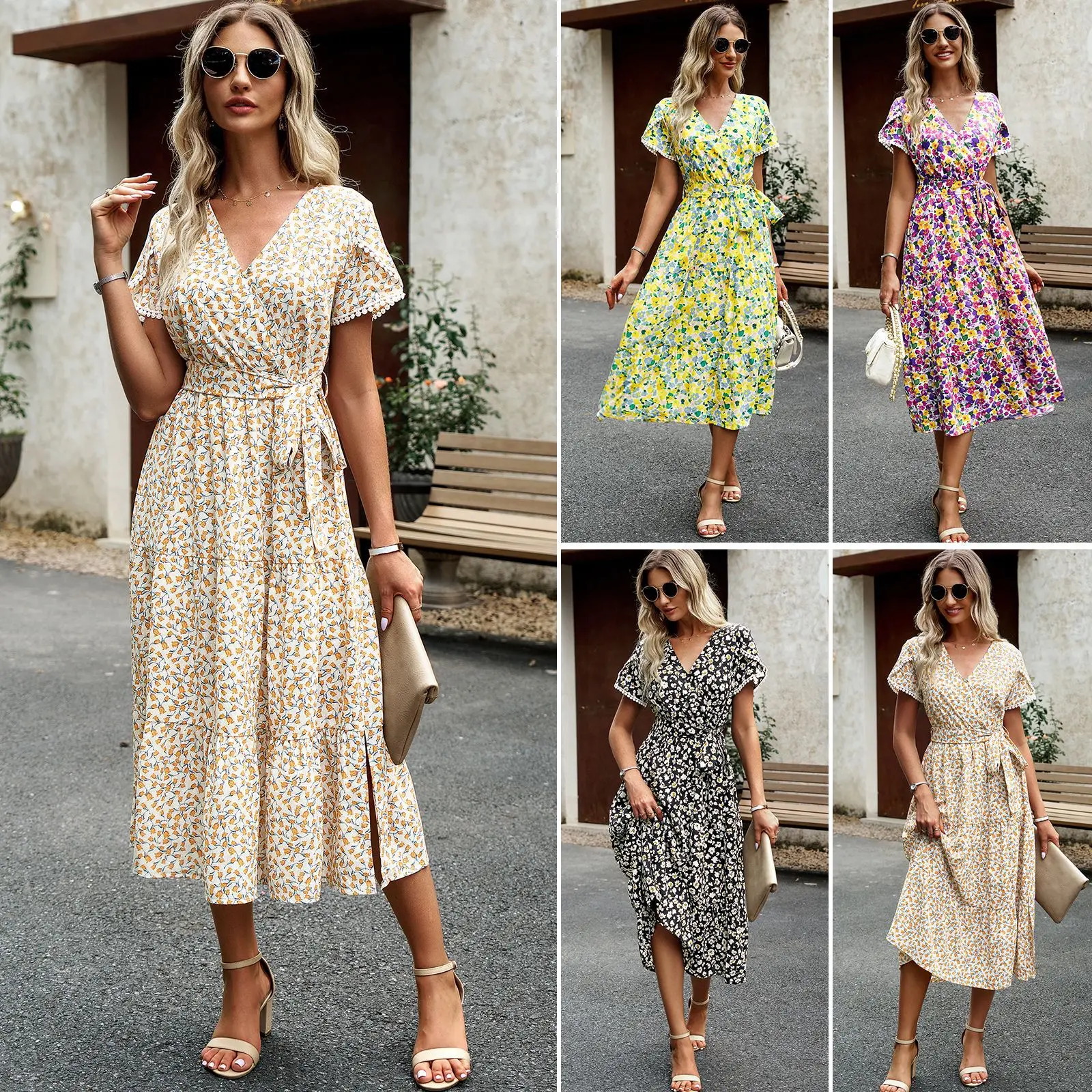 

Women Short Sleeve Boho Printed Floral A Line Long Dress for Summer V Neck Belt