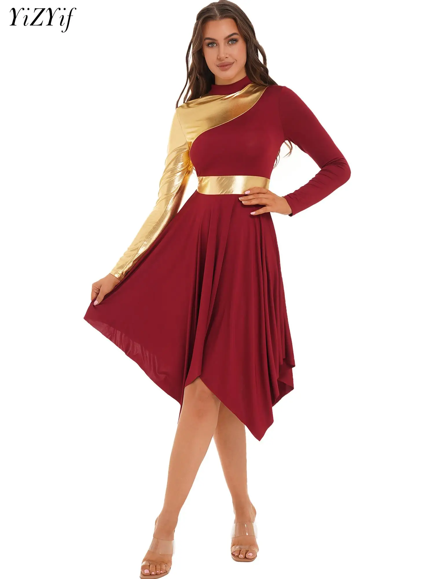 

Women's Church Praise Dance Tunic Dress Shiny Metallic Color Block Worship Liturgical Lyrical Modern Dance Performance Dresses