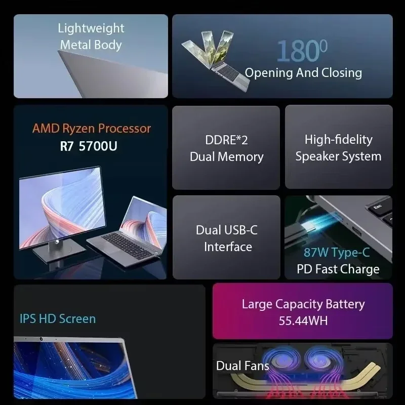 2025 15.6 Inch AMD Ryzen 7 5700U Gaming Laptops Max Ram 64GB DDR4 MAX Rom 4TB SSD Windows10 11 Pro Notebook Bluetooth WIFI 6