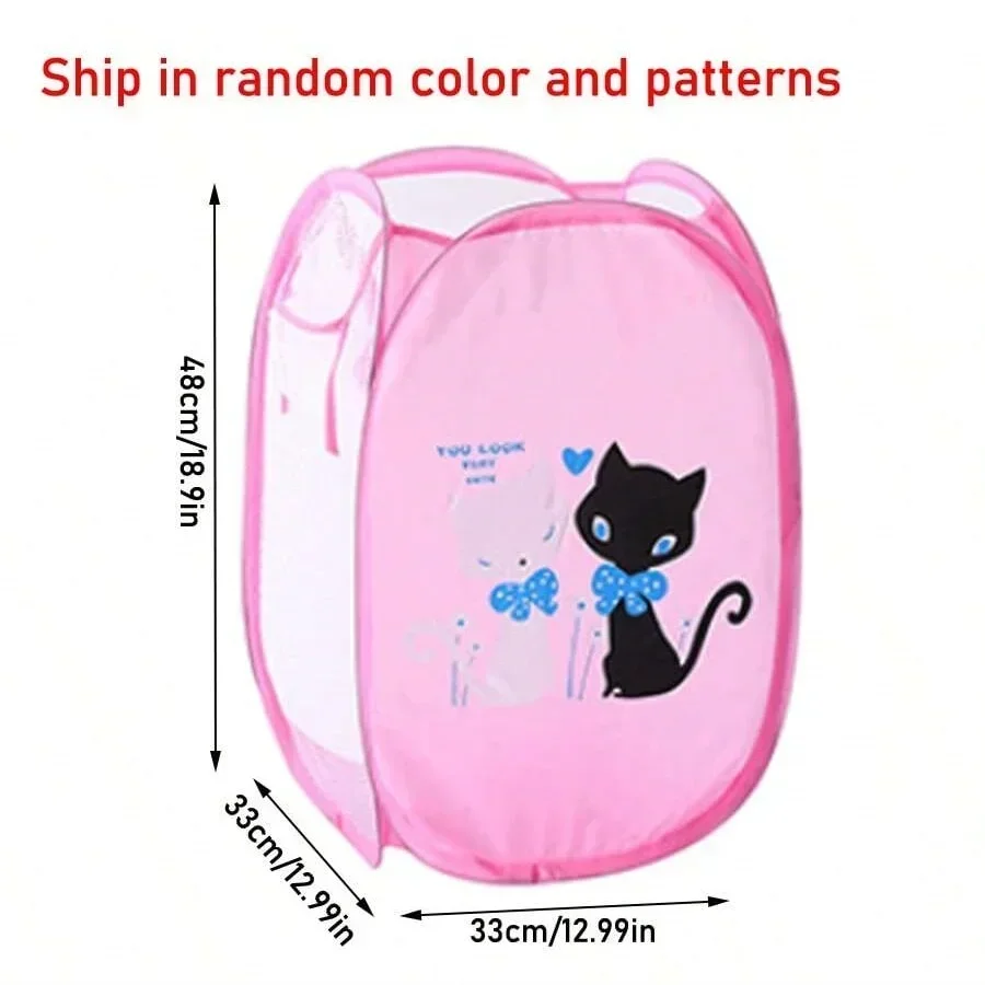 Cartoon Mesh Clothes Storage Basket Folding Pop-Up Dirty Clothes Laundry Hamper Kids Toys Bag Side Pocket