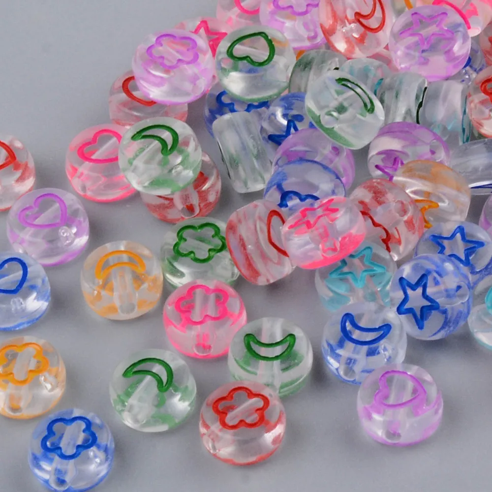 

500g Transparent Acrylic Enamel Beads Flat Round with Mix Pattern Mixed Color 7x4mm Hole: 1.5mm about 3600pcs/500g