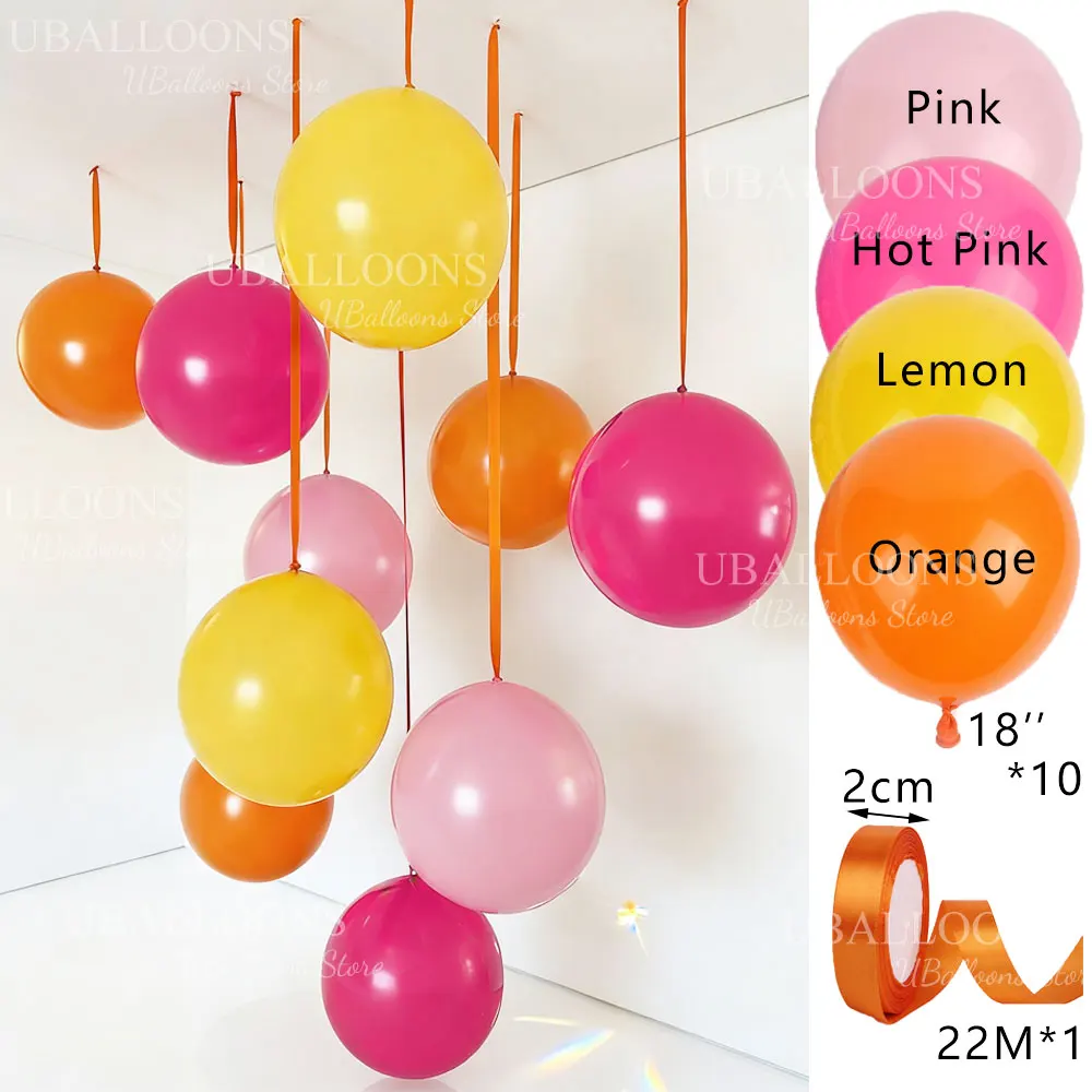 Vibrant Orange and Hot Pink Balloons with Satin Ribbon Bows - Set of 10 for Celebrations and Decor