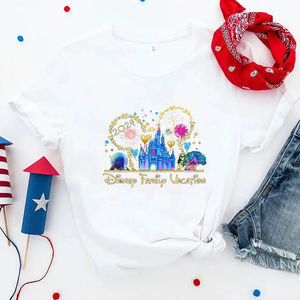 

Disney Minnie T-shirt 2024 Family Trip Disneyland Clothes for Mother Kids Short Sleeve Summer New Fashion Vacay Mode Women Tops