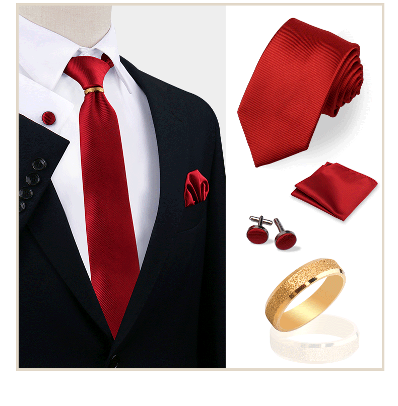 Luxus-Krawattenset in Uni-Farbe für Herren, Krawatte, Taschentuch, Manschettenknöpfe mit goldenem Metallring, Brosche, Anzug, Hochzeit, Herren-Accessoires – Detail 35