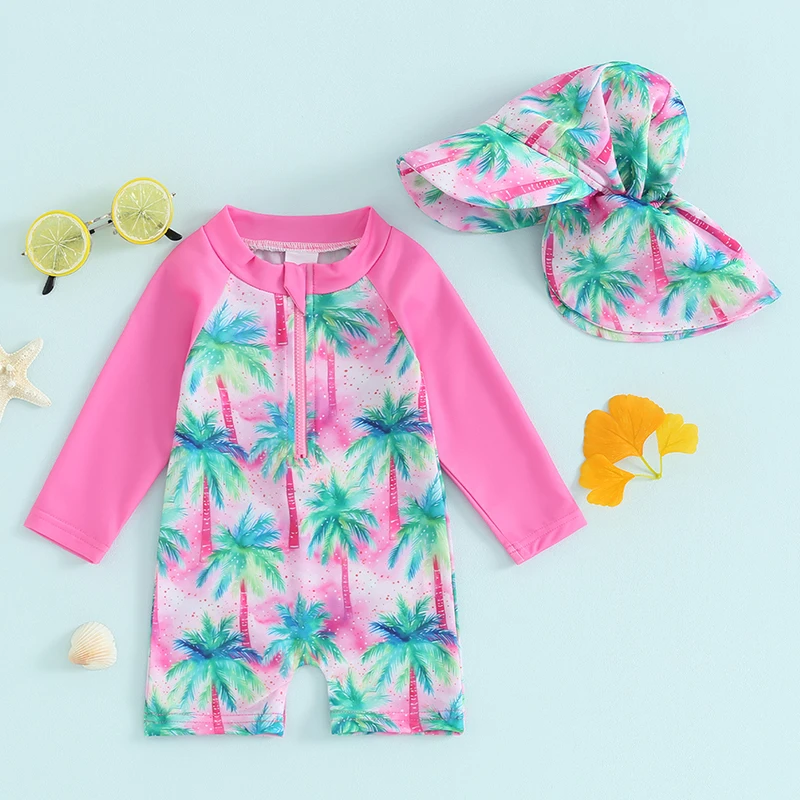 Infant Baby Boy Girls Rash Guard Swimwear Toddler Cartoon Floral Print Zipper Long Sleeve Swimsuits Sun Hat 2Pcs Bathing Suits