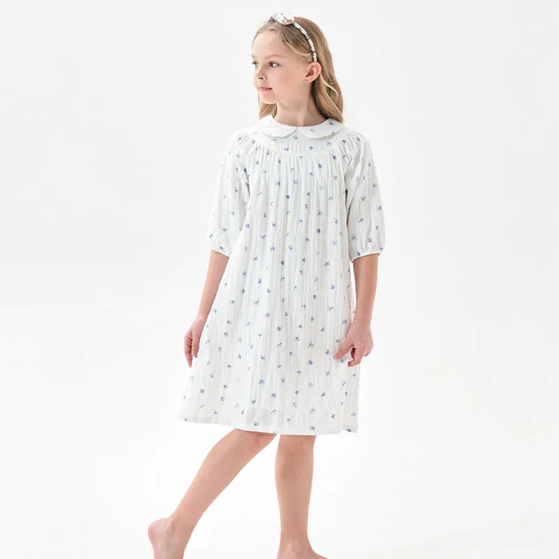 Vestido acampanado de algodón blanco con estampado floral para niños y niñas de 3 a 16 años, vestidos con forro de algodón de manga 3/4