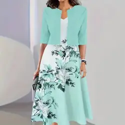 2 Pcs/Set Women Coat Skirt Suit Flower Print A-line V Neck Sleeveless Back Zipper Dress Long Sleeve Solid Color Coat OL Commute