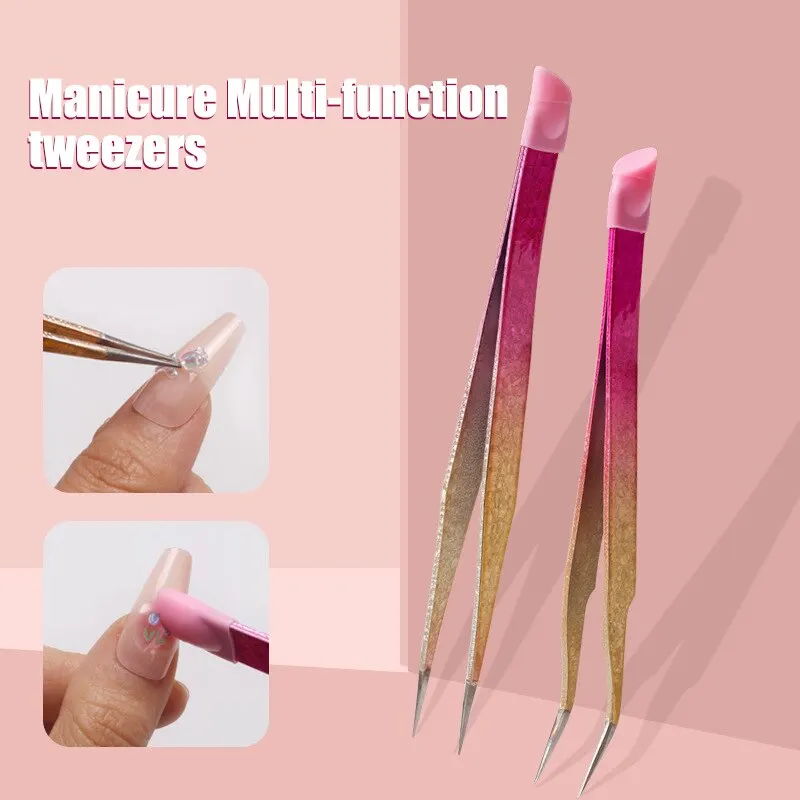 Tweezers Multifunctional Double Headed Nail Clipping Sticker Tape Silicone Pressing Rod Tool 2pc
