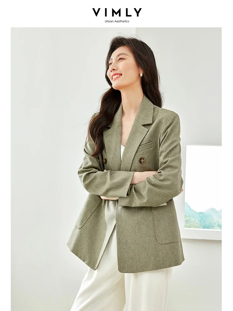 Vimly Linen Blend Green Blazers for Women Autumn 2023 Casual Loose Notched Double Breasted Straight-cut Long Sleeve Jacket V5658