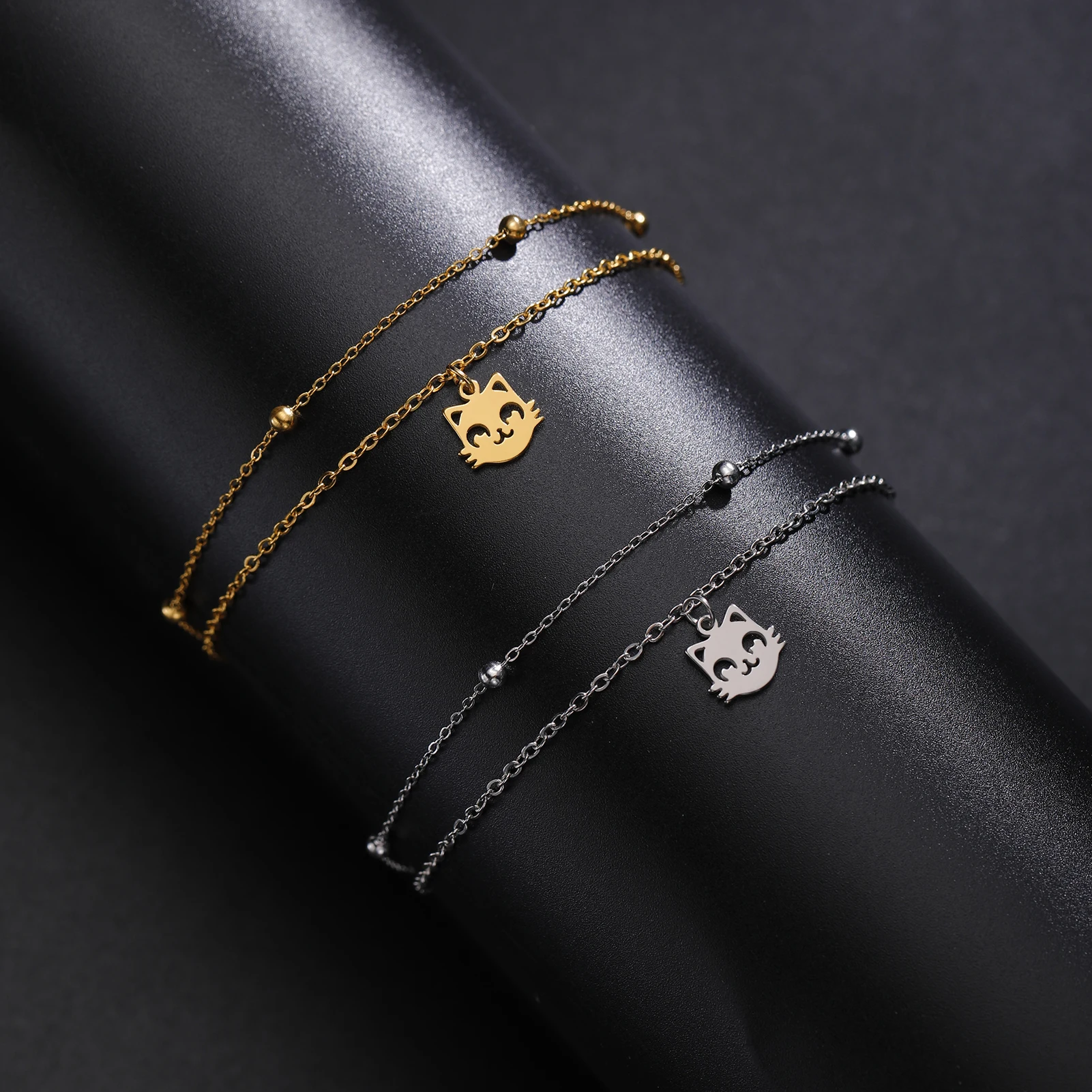 Cute Cat Kitten Head Bracelet for Women Stainless Steel Animal Double Chain Bracelet on Hand Jewelry - PeticaDeals