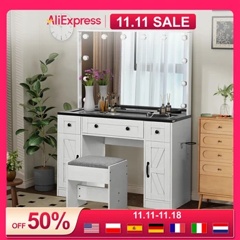 Farmhouse Vanity Desk with Lighted Mirror, 3 Drawers & 2 Cabinets 1