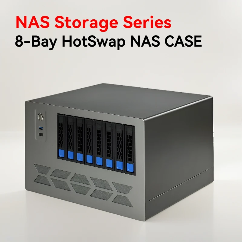 8베이 MATX NAS 서버 케이스 미드 타워 타입-C 인터페이스 플렉스 1U 전원 공급 장치 USB3.0 타입-C 인터페이스 전면 포트 및 팬