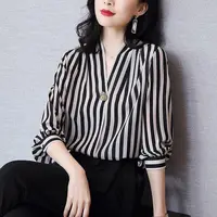 2022 Stripe Office Wear Chiffon Profession Blouses Temperament Fashion Woman Urban Top with Sleeves Ladies Aesthetic Basic Shirt 5