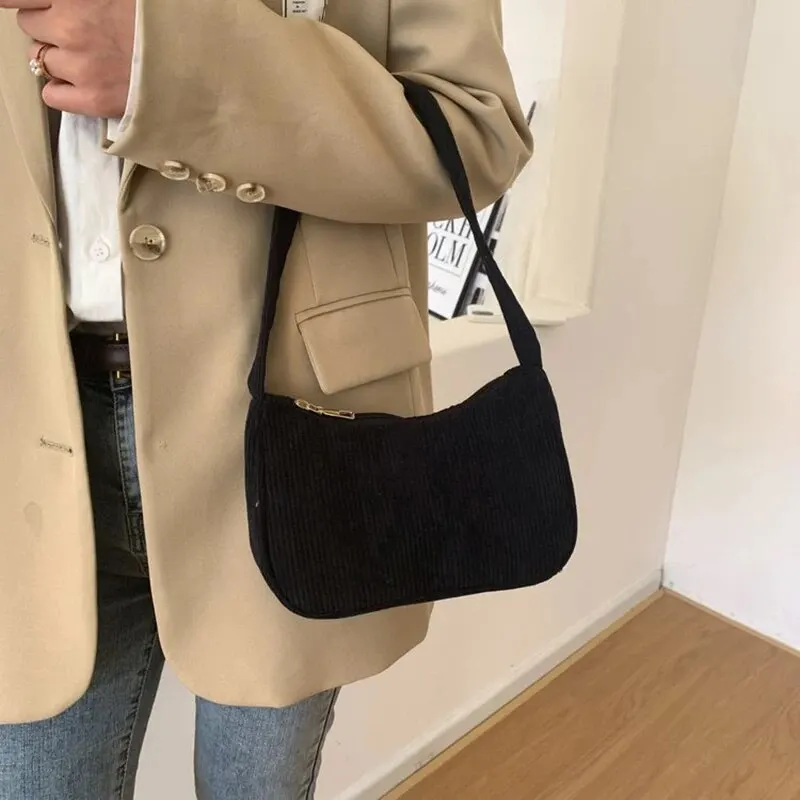 Fashionable Retro Half Moon Corduroy Underarm Bag - Women's Solid Color Shoulder Clutch