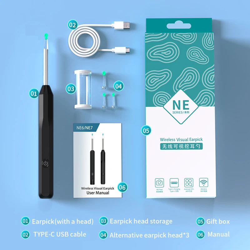 Ear Wax Remover NATFIRE NE6 Wireless Luminous Otoscope Cleaner 1296P HD Visual Sticks Endoscope Mini Camera Health Care
