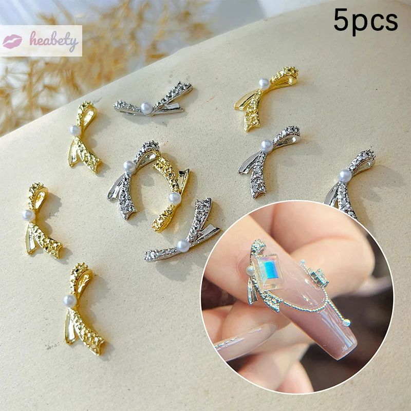 

5 шт. винтажный Простой Мини Золотой и Серебряный бант с жемчугом, инкрустированный бантом, сплав, дизайн ногтей, дизайнерские украшения, подвески для маникюра