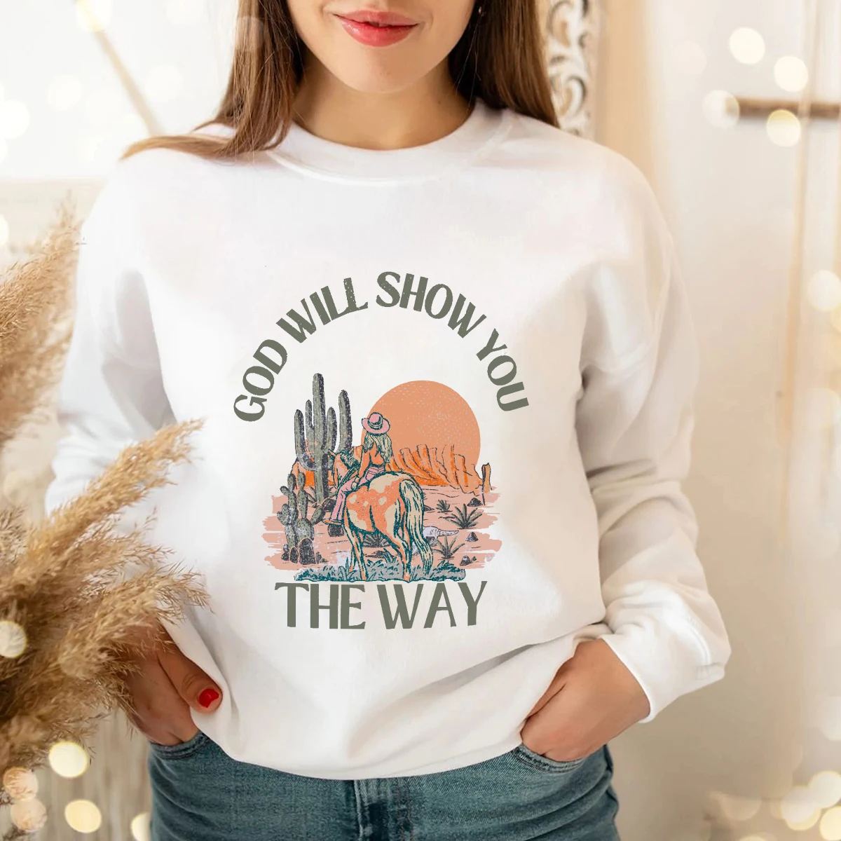 

God Will Show You The Way Letters Print Sweatshirt Christian Sweats Cow Grils Pullover Women Fashion Casual Hoodies Vintage Tops