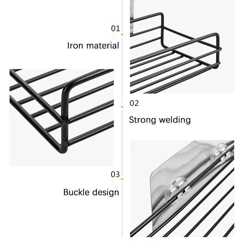 Bathroom Storage Rack Kitchen Organizer Shelf Black Shelves Corner Frame Iron Shower Punch Free Mounted Caddy Rack 5