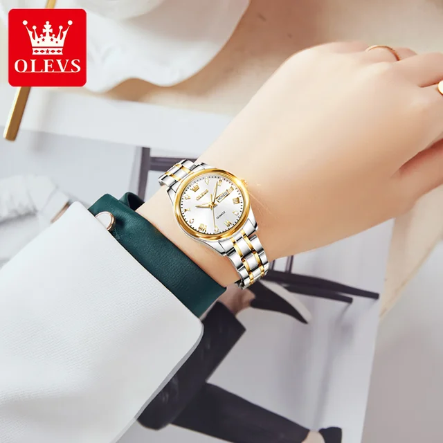 OLEVS-Relógio De Quartzo De Aço Inoxidável Impermeável Para Mulheres, Relógios Originais Para Senhoras, Relógio De Pulso De Luxo, Calendário, 5563 4