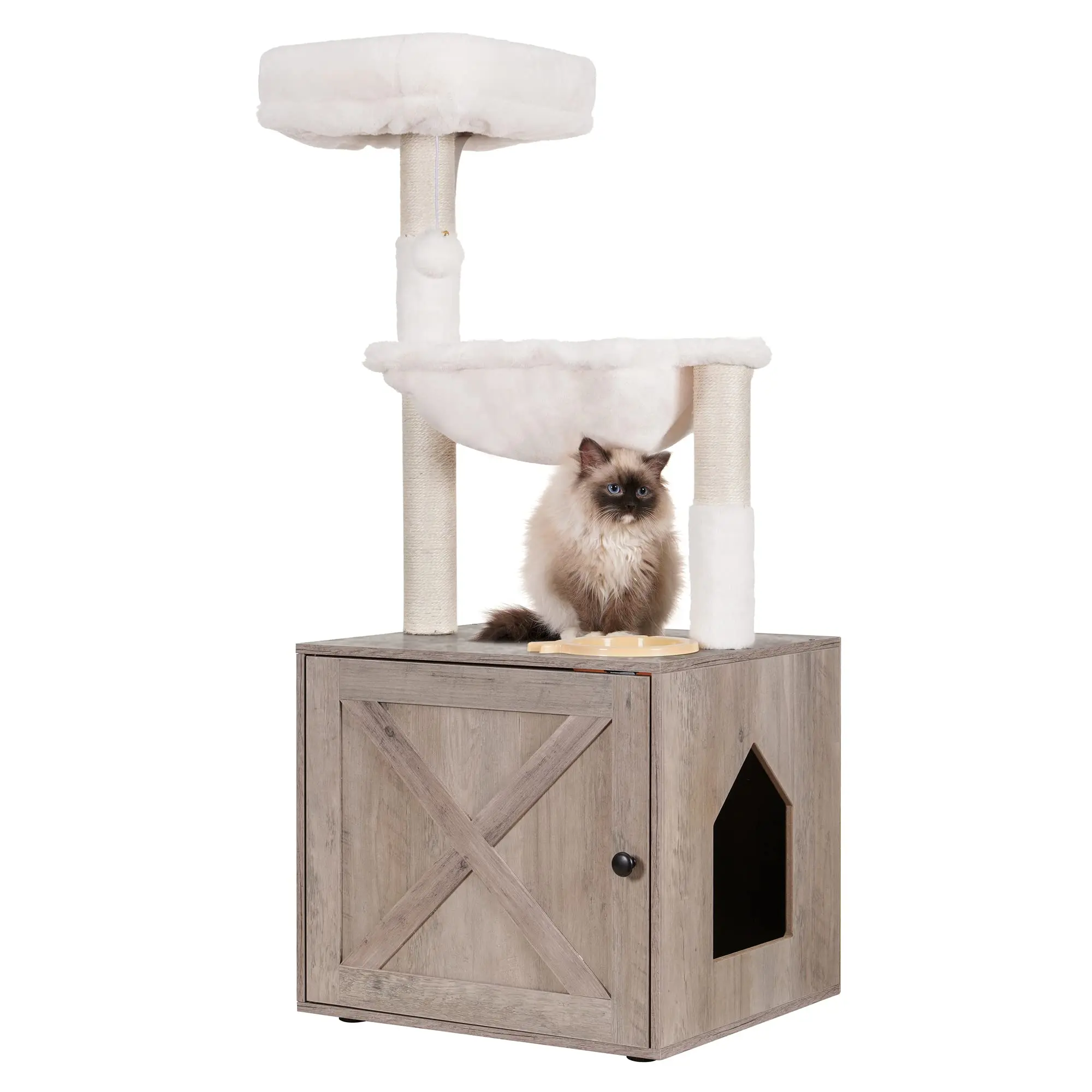 

Indoor cat all-in-one cat tower with litter box, large hammock, bed, food station, scratching post, contemporary pet furniture