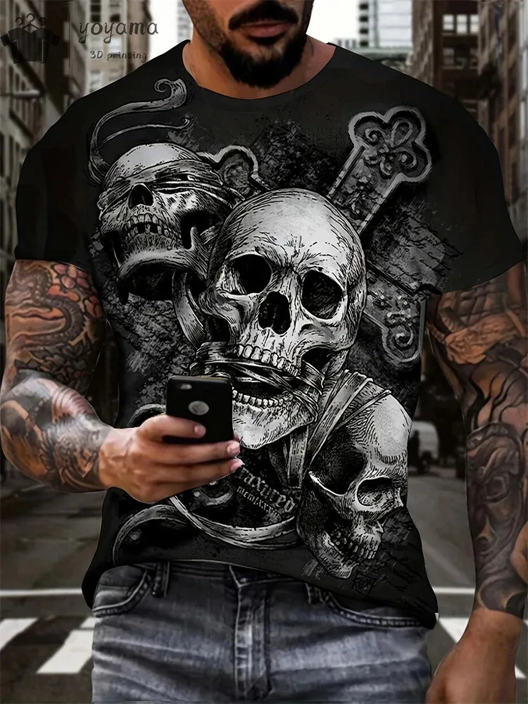 Comfortable Breathable Round Neck T-shirt With Halloween Horror Skull Print For Men, Casual Top For Outdoor Party, Bestsellers, Summer_voghion.com