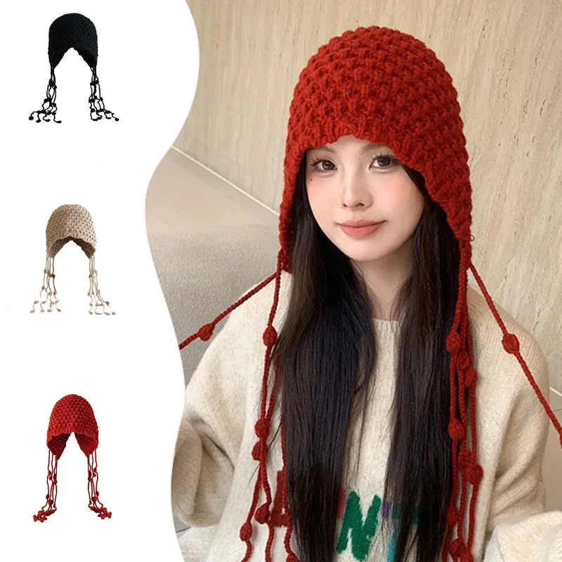 Autumn and Winter Handmade Fashion Tassel Thickened Warm Wrapped Head Cap Female Ear Protection Strapped Cap Knitted Wool Hat