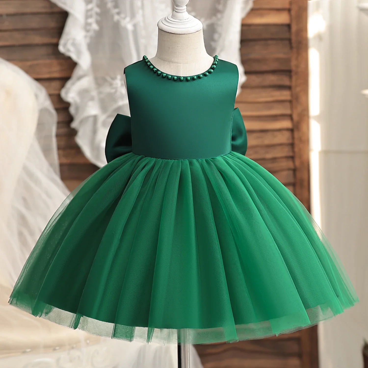 Girls Dress Baby Girl Dress Infant Baby Baptism Dress for Girls Kids Wedding Party Dresses Bow Beaded Tulle Christening Gown Birthday Children Clothes