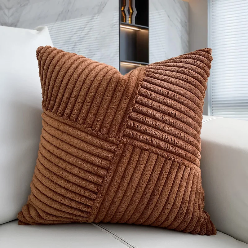 DUNXDECO Caramel Color Throw Pillow Warm Soft Stripe Patchwork