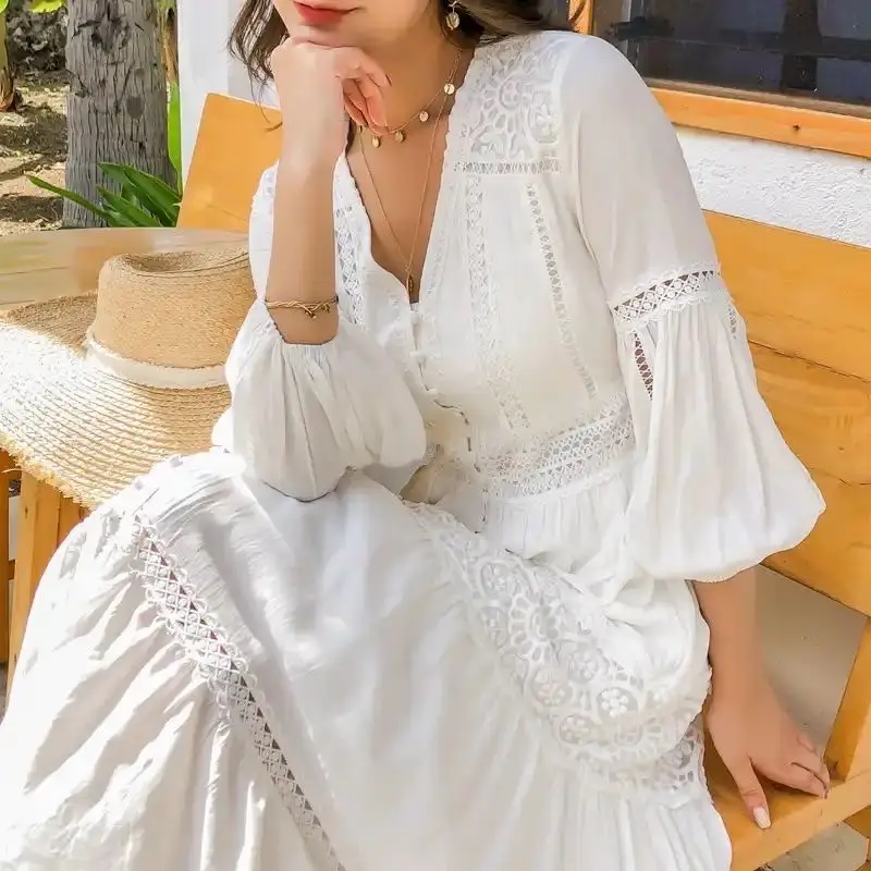 

White Lace Patchwork Sweet Long Dress Women V-neck Long Sleeve Solid Color Dresses Gentle All-match A-line Midi Vestidos Mujer