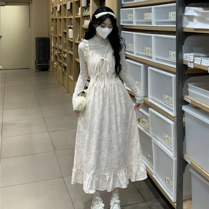 

Women Dress Sets Two Pieces Halter Ruffled Collar Floral Maxi Dresses + Long Sleeve Solid Color Slimming Versatile Tops Female