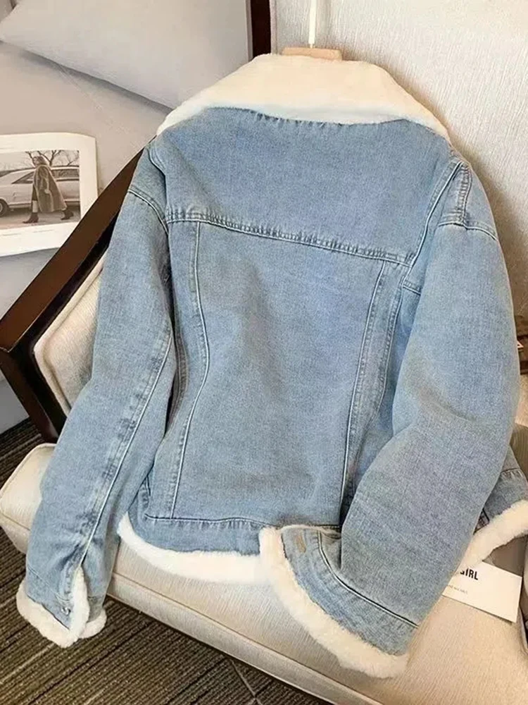 Winter Thicken Denim Jacket Women Two Sides Wearing Lamb Wool Outwear Female Loose Casual Warm Coat Lady POLO Collar Long Sleeve