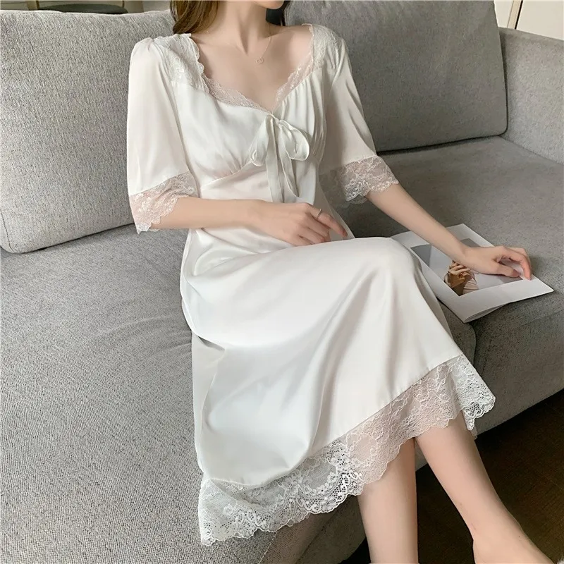 

Women Short Sleeve Long Nightdress Sleepwear Sexy Patchwork Lace V-neck Nightgown Lingerie Spring Casual Satin Silk Home Dress