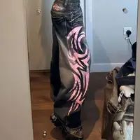 Y2K American Vintage Mottled Totem Print Baggy Jeans Women's High Waist Wide Leg Jeans Women's Harajuku Trendy Hip-hop Jeans