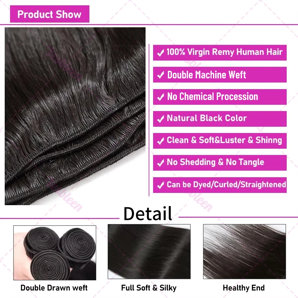 30 40Inch Brazilian Remy Double Weft Bone Straight Bundles Raw Virgin Human Hair Extensions Quick Weaves