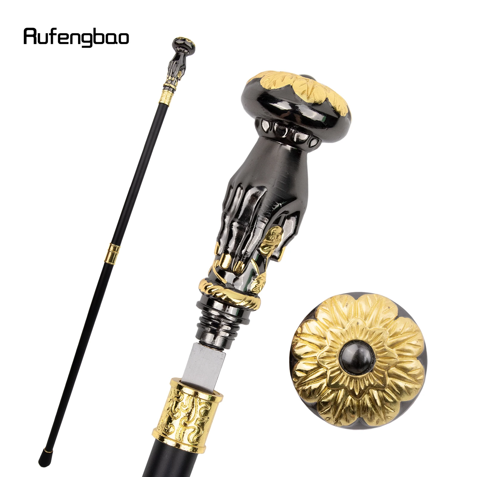 Golden Black Hand Hold Flower Handle Walking Stick with Hidden Plate