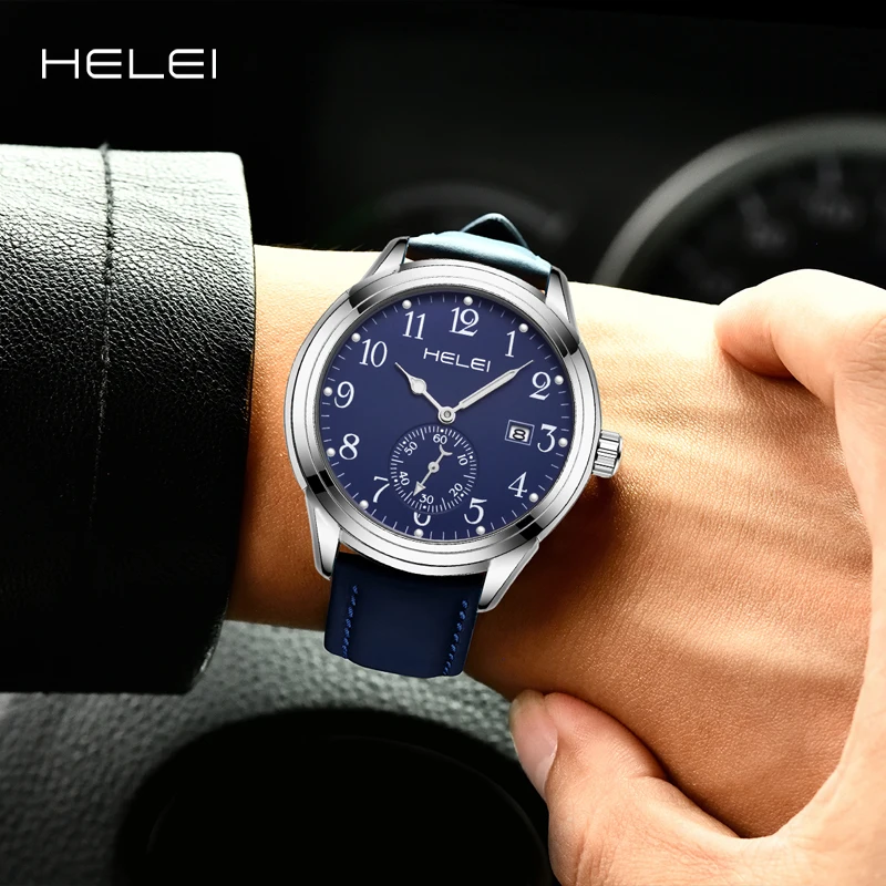 HELEI hot new 2024 men's watches leather strap quartz luminous business watches men's genuine watches gift for men