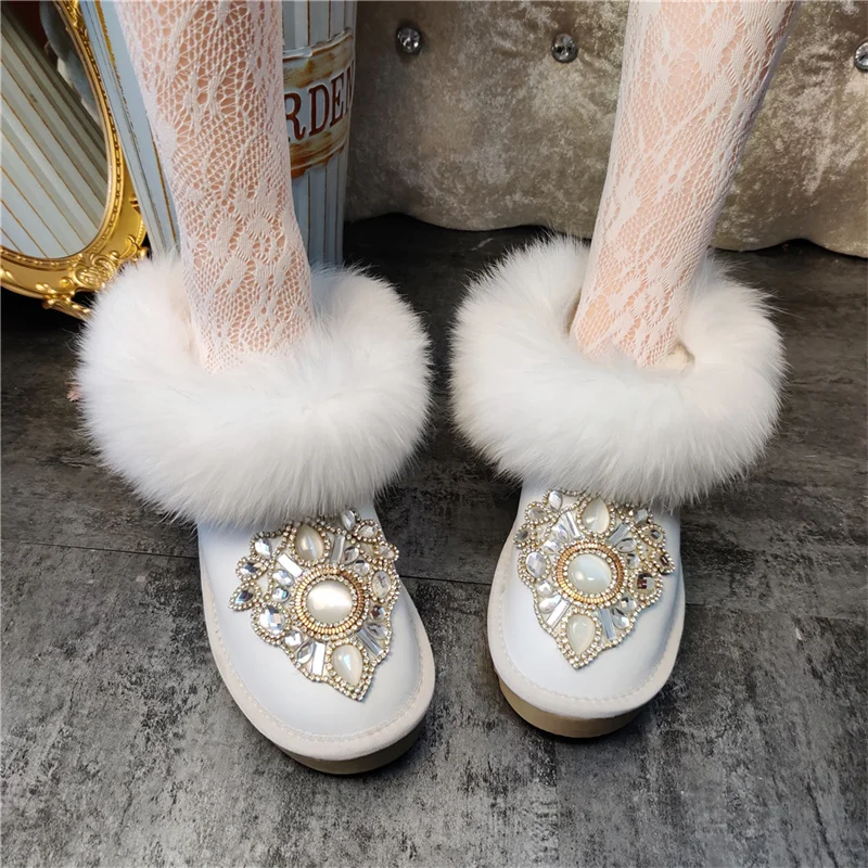 

Chain rhine-diamond white fox hair boots handmade custom winter plus fleece warm boots Fur one-piece boots women's 35-42