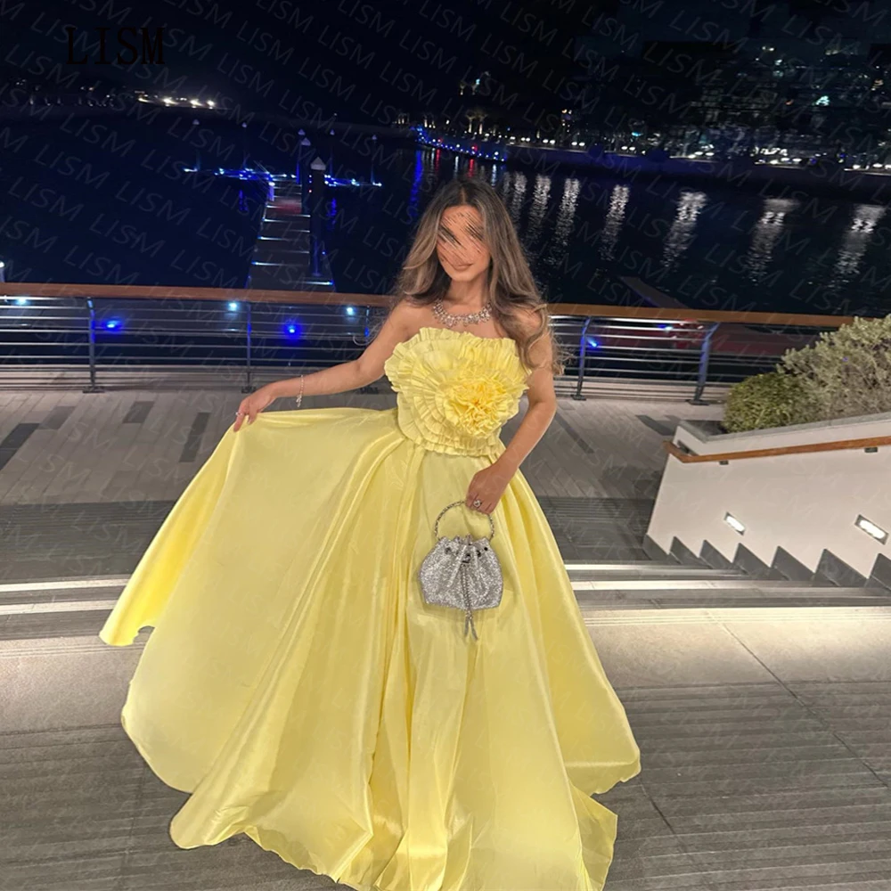 

LISM 2023 Luxury Flower Yellow Strapless Evening Prom Gowns Floor Length Pleated Empire Robe De Soirée Custom Made Outfit