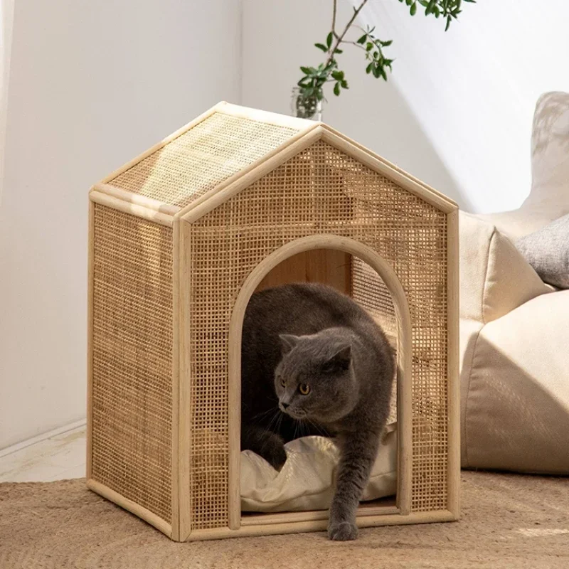 

Wicker Cat Bed Ventilated Pet Nest All-Season Dog House Feline Sleeping Basket Summer Pet Bed