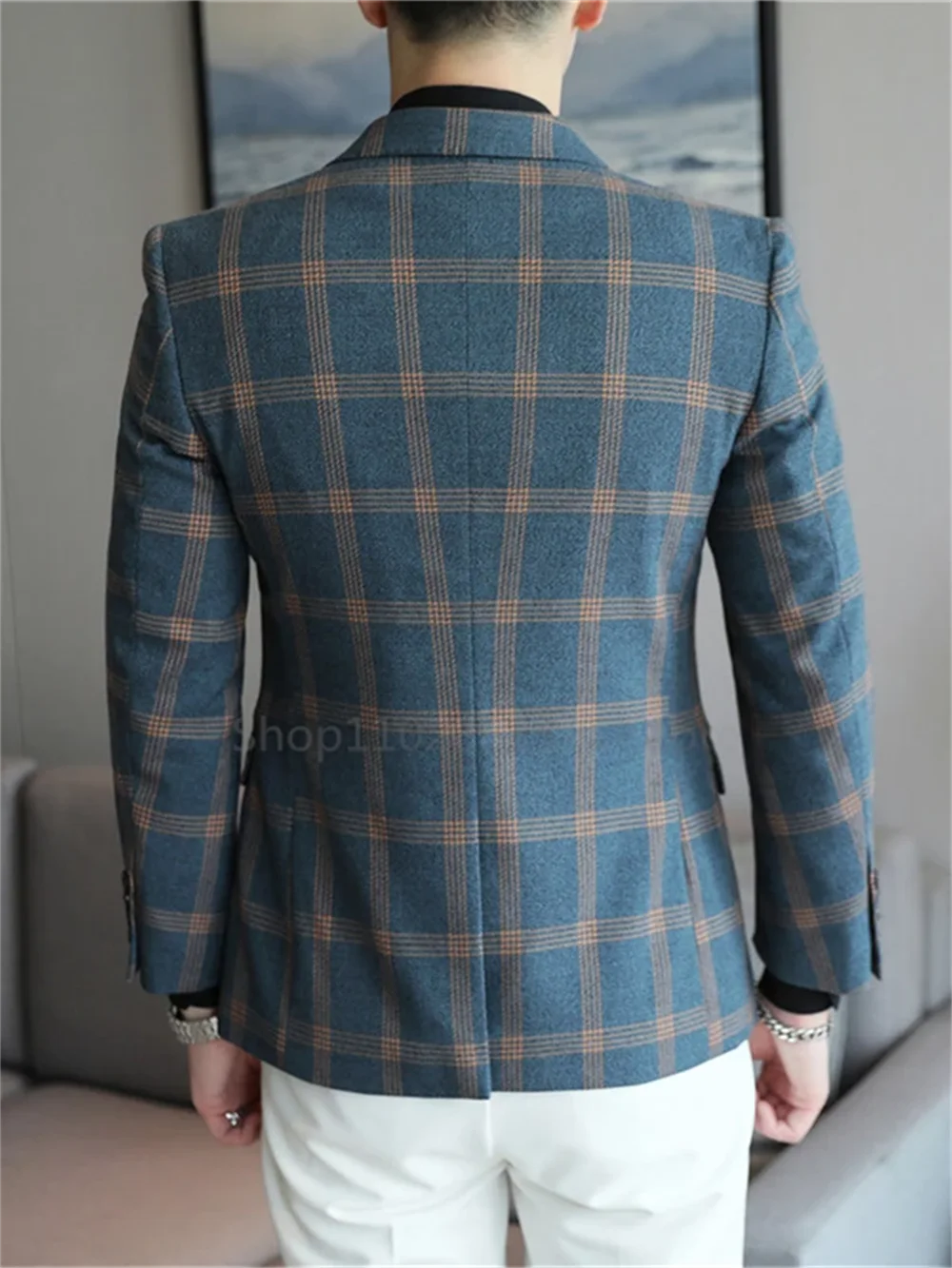 1 Pieces Men's Blazer British's Style Casual Slim Fit Suit Jacket Male Plaid Blazers Single Button Men Coat