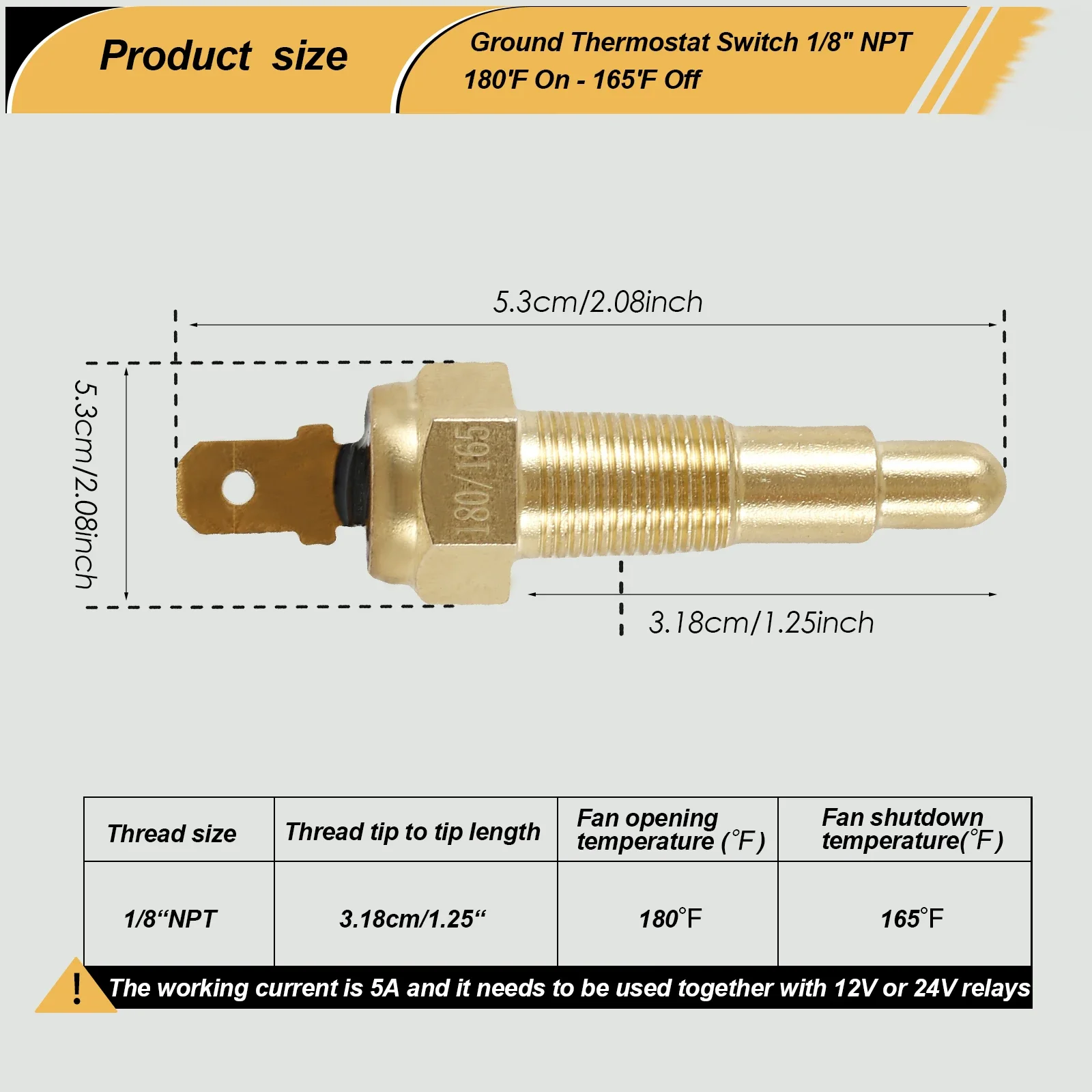 Engine Cooling Fan Thermostat Temperature Sensor Switch 1/8"NPT 180 Fahrenheit on 165 Fahrenheit Off for Water Oil Coolant